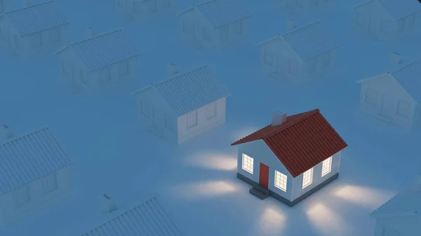 从窗户透出光芒的房子 在灰色房子的背景下显得很醒目 房地产的独特性 3D渲染 免版税图库照片