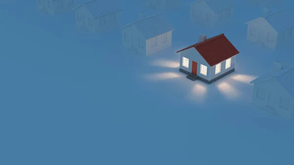 从窗户透出光芒的房子 在灰色房子的背景下显得很醒目 房地产的独特性 3D渲染 图库图片