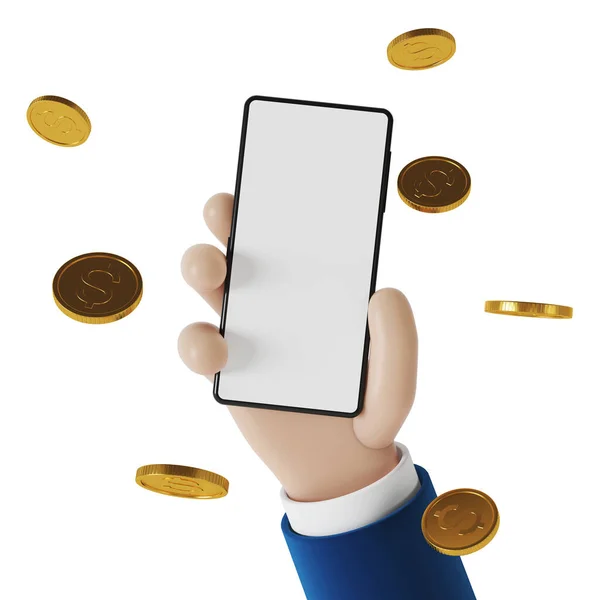 Cartoon Hand Hält Ein Smartphone Umgeben Von Geld Starten Einer lizenzfreie Stockfotos