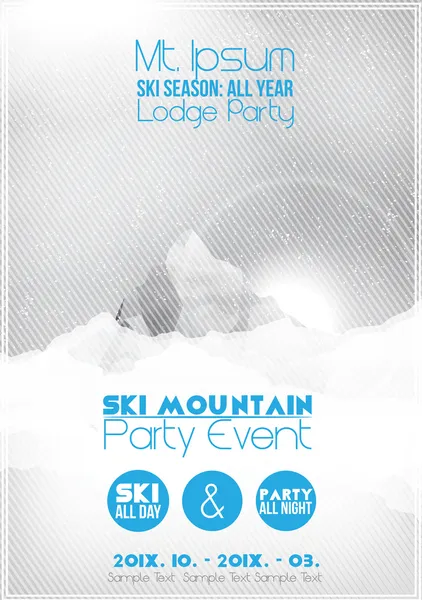 Ski partij poster sjabloon met berg in wolken - vectorillustratie — Stockvector