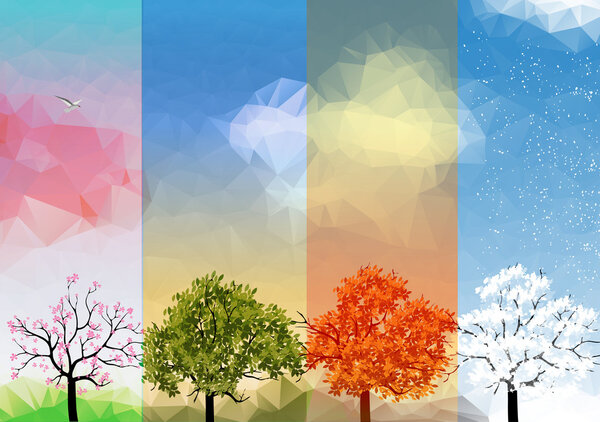 Four Seasons Spring, Summer, Autumn, Winter Banners with Abstract Trees Infographic - Vector Illustration