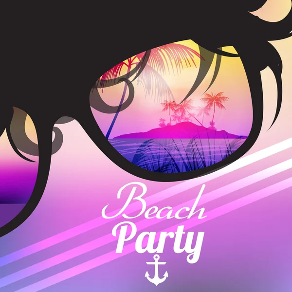 Summer Beach Party Flyer Design con occhiali da sole su sfondo sfocato - Illustrazione vettoriale — Vettoriale Stock