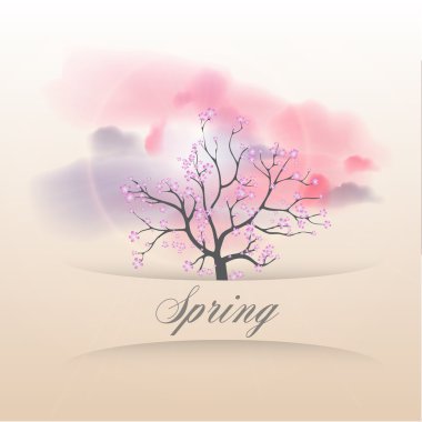 güzel Japon kiraz çiçeği ağaç bir bahar gününde - vektör çizim çiçek çiçeklenme