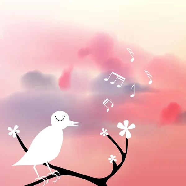一只鸟，坐在盛开的分支唱歌-矢量图的浪漫画卷 — 图库矢量图片