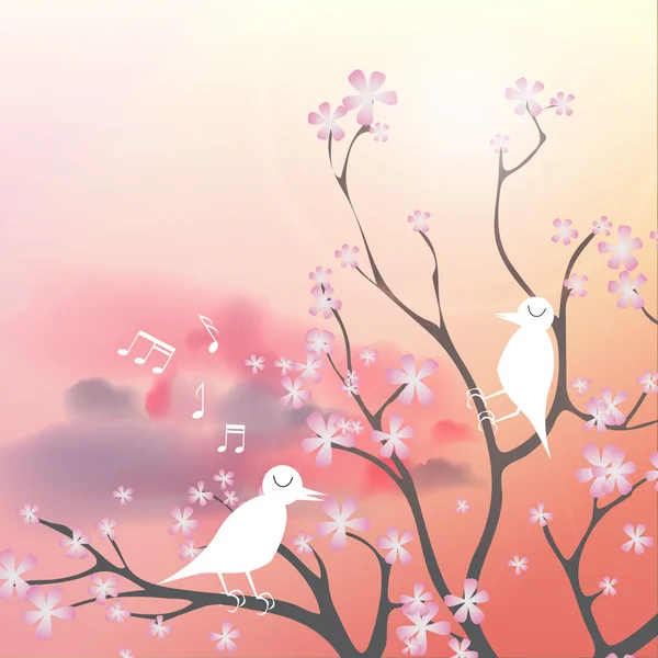 Romantisk bild av en fågel som sitter på en blommande gren sjunger - vektor illustration — Stock vektor
