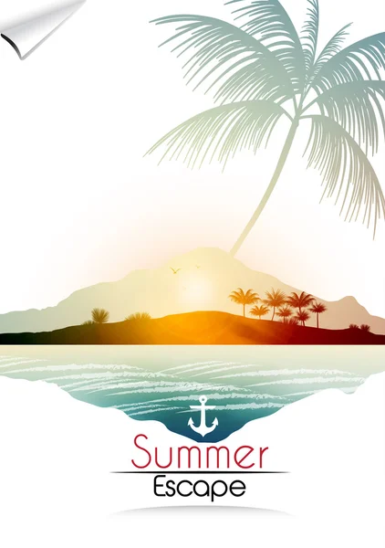 Vintage kust weergave poster met tropisch eiland en palmbomen - vectorillustratie — Stockvector