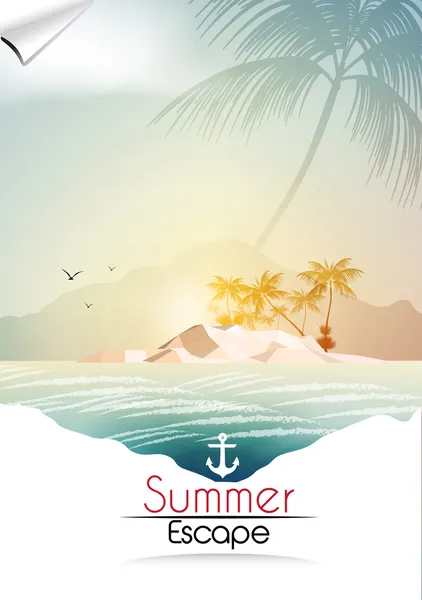 Vintage sahil görünümü poster tropik ada ve palmiye ağaçları - vektör çizim ile