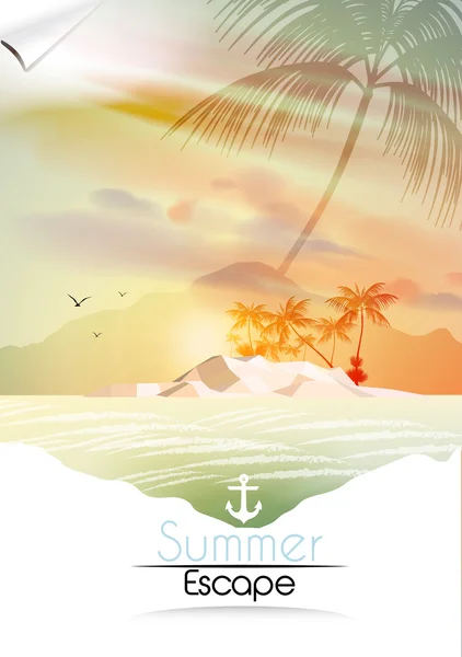 Vintage Vista sul mare Poster con isola tropicale e palme - Illustrazione vettoriale — Vettoriale Stock