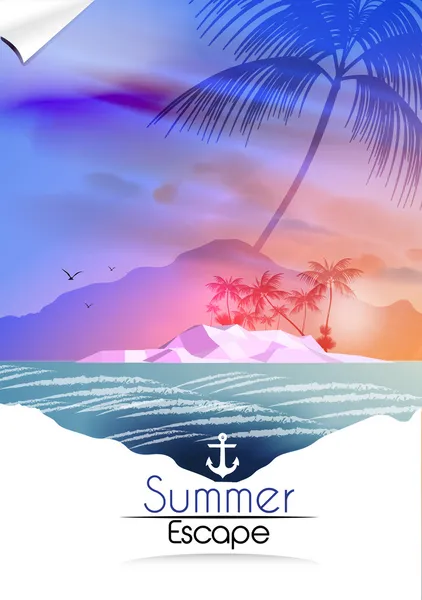 Vintage sahil görünümü poster tropik ada ve palmiye ağaçları - vektör çizim ile