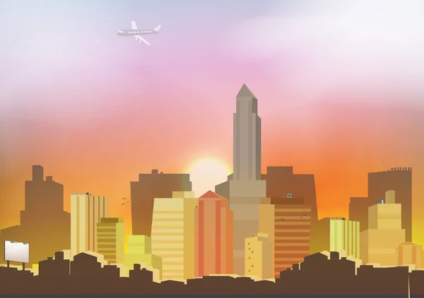 Puesta de sol en un fondo de la ciudad - Ilustración vectorial — Archivo Imágenes Vectoriales