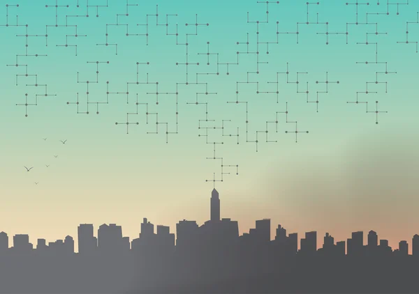 şehir manzarası ile bağlantılı çizgiler ve noktalar - vektör çizim
