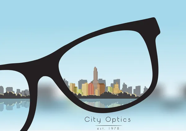 Έξω από την πόλη κτίριο επιχειρήσεων εστίασης με ουρανό και με γυαλιά που διορθώνουν το όραμα - διανυσματικά εικονογράφηση — Διανυσματικό Αρχείο