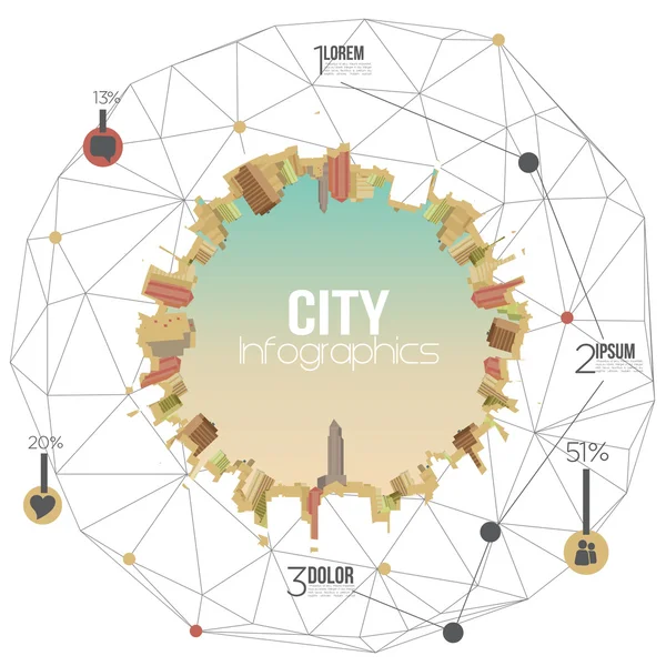 Retro City Skyline con Conjunto de Infografías y Gráficos de Información - Ilustración de Vectores — Archivo Imágenes Vectoriales