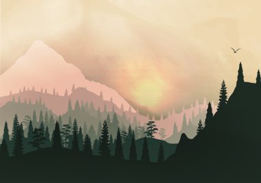 dağ sırtlar ve çam ormanı - vektör çizim günbatımı Panoraması