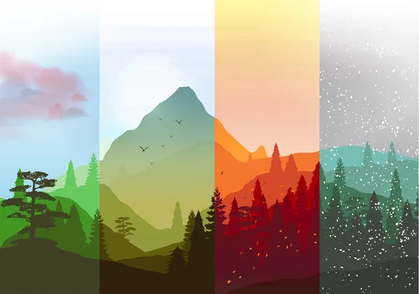 Banners de cuatro estaciones con bosque abstracto y montañas - Ilustración vectorial — Vector de stock