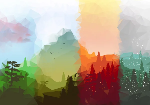 dört mevsim afiş soyut orman ve dağ - vektör çizim