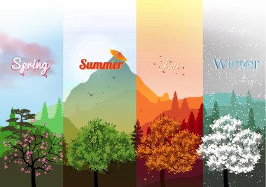 dört mevsim afiş soyut orman ve dağ - vektör çizim