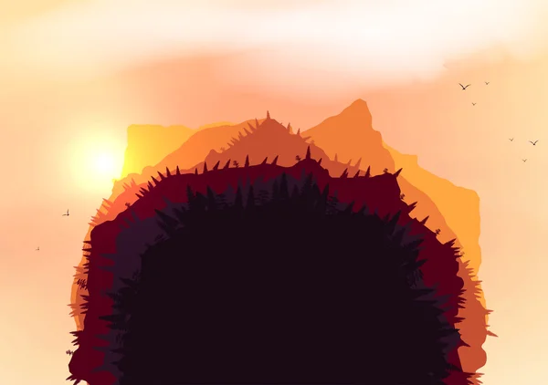 Planète des montagnes du coucher du soleil des forêts - Illustration vectorielle — Image vectorielle