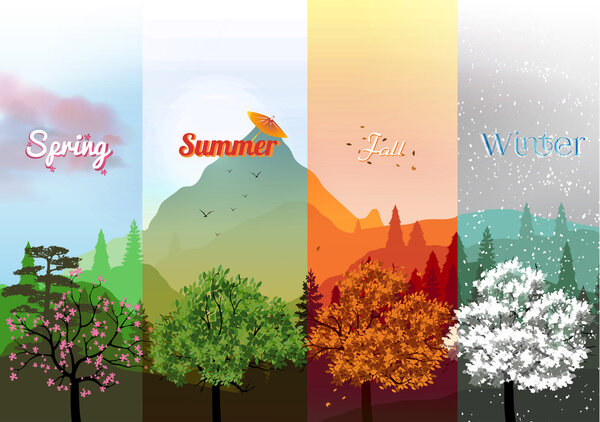 Баннеры четырех сезонов с абстрактными лесами и горами - векторная иллюстрация
