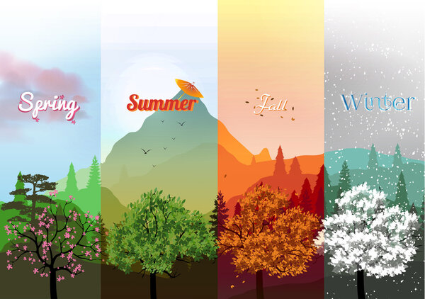 Four Seasons Banners with Abstract Forest and Mountains - Vector Illustration