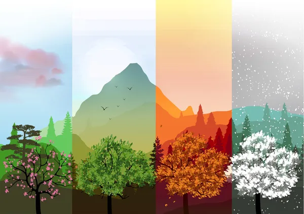 Banner der vier Jahreszeiten mit abstrakten Wäldern und Bergen - Vektorillustration — Stockvektor