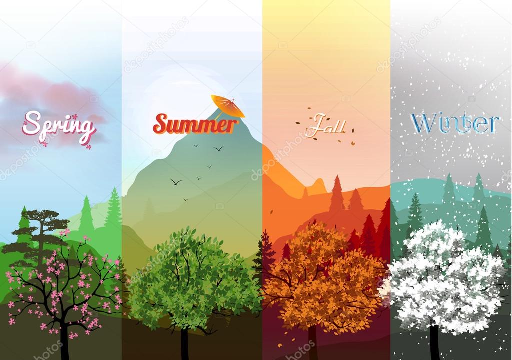 Four Seasons Banners with Abstract Forest and Mountains - Vector Illustration
