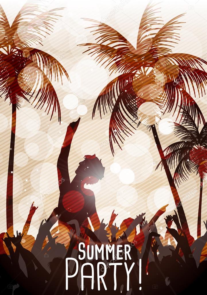 Summer Beach Party Flyer with Dancing People - Vector Illustration