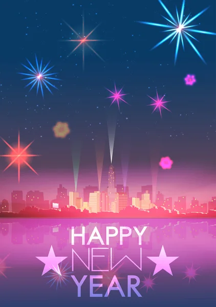 Yeni yıl partisi poster şablonu ile şehir manzarası ve havai fişek - vektör çizim