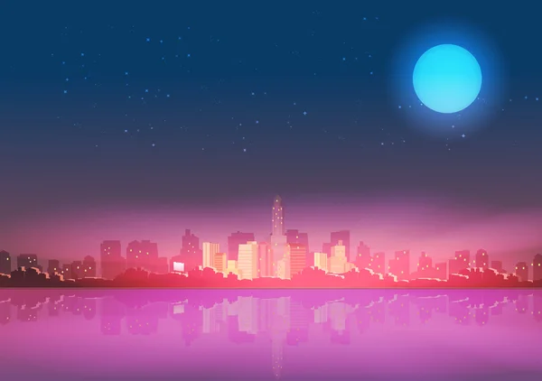 City Skyline en la noche con reflexiones de fondo - Ilustración vectorial — Vector de stock