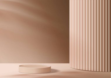 3d arkaplan ürünleri geometrik platformlu podyum sahnesini gösteriyor. 3d arkaplan vektörü podyum ile hazırlanıyor. Kozmetik ürünlerini gösteriyor. Sahne vitrininde bej rengi stüdyo.