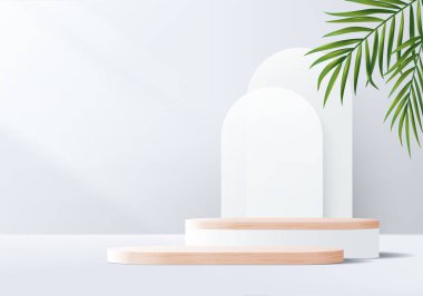 3d gri arka plan ürünü yaprak geometrik platformlu ahşap podyumu gösteriyor. Gri arkaplan vektörü 3d podyumlu. Kozmetik ürünleri göstermek için tahta ayakta duruyor. Sütun beyazı ekranında sahne gösterisi