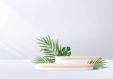 3d gri arka plan ürünü yaprak geometrik platformlu ahşap podyumu gösteriyor. Gri arkaplan vektörü 3d podyumlu. Kozmetik ürünleri göstermek için tahta ayakta duruyor. Sütun beyazı ekranında sahne gösterisi