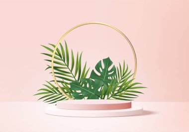 3d arkaplan ürünleri yeşil yapraklı geometrik platformlu podyum sahnesini gösteriyor. arkaplan vektörü 3d podyum ile hazırlanır. Kozmetik ürünleri gösteriyor. Sahne vitrininde pembe bir stüdyo.