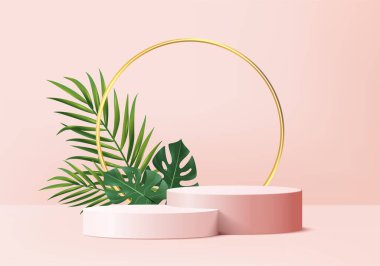 3d arkaplan ürünleri yeşil yapraklı geometrik platformlu podyum sahnesini gösteriyor. arkaplan vektörü 3d podyum ile hazırlanır. Kozmetik ürünleri gösteriyor. Sahne vitrininde pembe bir stüdyo.