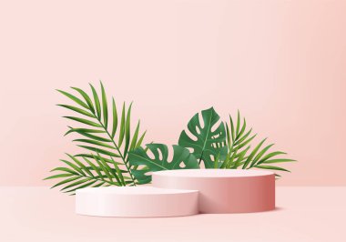 3d arkaplan ürünleri yeşil yapraklı geometrik platformlu podyum sahnesini gösteriyor. arkaplan vektörü 3d podyum ile hazırlanır. Kozmetik ürünleri gösteriyor. Sahne vitrininde pembe bir stüdyo.