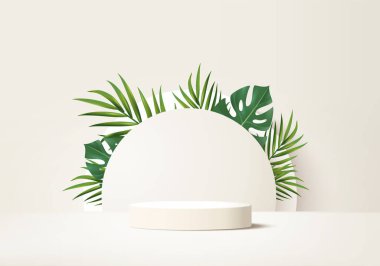 Geometrik platformlu silindir soyut minimal sahne. Yaz arkaplan vektörü 3d podyum ile hazırlanıyor. Kozmetik ürünlerini gösteriyor. Modern 3D stüdyo bej pastel üzerinde sahne gösterisi.