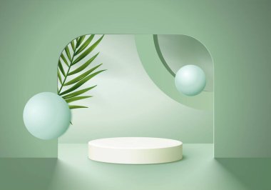 Geometrik platformlu silindir soyut minimal sahne. Yaz arkaplan vektörü 3d podyum ile hazırlanıyor. Kozmetik ürünlerini gösteriyor. Sahne sergisi modern 3D stüdyo yeşil pastel üzerine