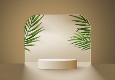 Geometrik platformlu silindir soyut minimal sahne. Yaz arkaplan vektörü 3d podyum ile hazırlanıyor. Kozmetik ürünlerini gösteriyor. Modern 3D stüdyo bej pastel üzerinde sahne gösterisi.
