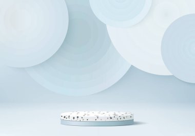 Mavi arka planlı 3d mermer taş ürün ekran platformu. Arka plan vektörü 3D terrazzo podyum platformu. stand show kozmetik ürünü. Modern stüdyo platformunda sahne gösterisi