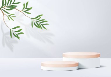 3d gri arka plan ürünü yaprak geometrik platformlu ahşap podyumu gösteriyor. Gri arkaplan vektörü 3d podyumlu. Kozmetik ürünleri göstermek için tahta ayakta duruyor. Sütun beyazı ekranında sahne gösterisi