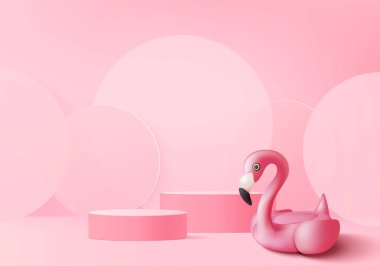 Yaz için 3D pembe flamingo, pembe geometrik platformlu arka plan ürünü podyum sahnesi. arkaplan vektörü 3d podyum ile hazırlanır. Kozmetik ürünler tatil stüdyosunu gösteriyor.