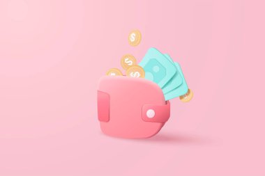 3 boyutlu vektör parası cüzdanı, izole edilmiş arka planda dolar parası, çevrimiçi ödeme ve tasarruf kavramı. İş, banka, finans ve yatırım için 3D cüzdan hazırlama