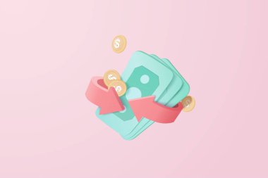 3 boyutlu vektör para iadesi ikonu konsepti. Para içinde cüzdan, dolar ve bozuk para yığını, çevrimiçi ödeme ve arka planda tasarruf kavramı. 3D iş bankası, finans, yatırım