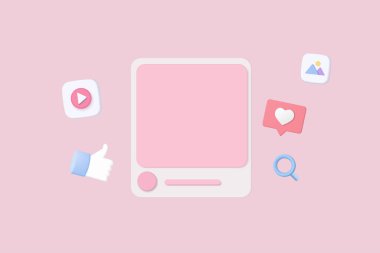 3D sosyal medya çevrimiçi platform konsepti, uygulamalar üzerinde çevrimiçi sosyal iletişim, kalp ve aşk emojisi ikonlu fotoğraf çerçevesi, kırmızı kabarcık 3d simgeleriyle oynamak ve oynamak. 3d vektör oluşturma kavramı