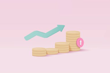 Üç boyutlu para yığını ve pastel pembe arka planda yeşil ok. Madeni para yığını büyüyen iş izolasyonu kavramı, finans, yatırım, para kazanma illüstrasyon kavramı için 3D para vektörü