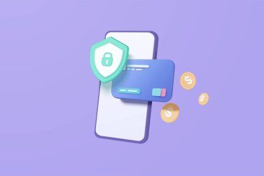 Çevrimiçi alışveriş için 3 boyutlu kredi kartı, ödeme koruma kavramlı online ödeme kartı. İş finansmanı için 3d vektör oluşturma, mobil güvenlik kavramı ile alışveriş