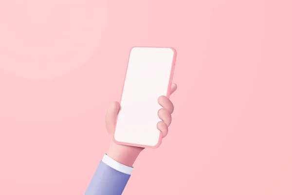 3D矢量手拿着手机隔离在粉红的背景下 手拿着带有空屏幕的智能手机模拟手机的概念 展示3D显示最小场景与设备智能手机 — 图库矢量图片
