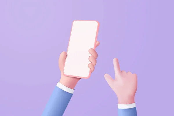 パステル紫の背景に隔離された携帯電話を保持する3Dベクトルハンド モックアップのモバイルコンセプトのための空の画面を持つスマートフォンを使用して手 デバイスのスマートフォンで最小限のシーンを3D表示 — ストックベクタ