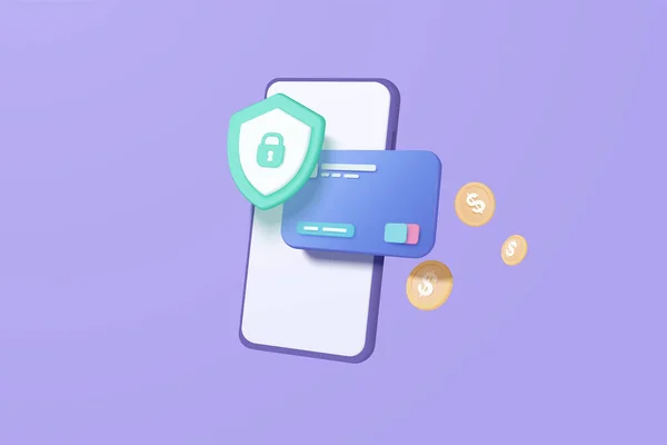 オンラインショッピングのための3Dクレジットカードのお金の金融セキュリティ 支払い保護の概念を持つオンライン決済クレジットカード ビジネスファイナンスのための3Dベクトルレンダリング モバイルセキュリティコンセプトでショッピング — ストックベクタ