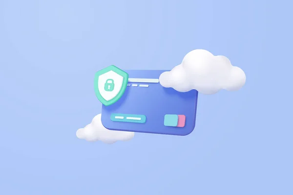 3Dクレジットカード金融ショッピングのための安全な 雲の青空の背景の概念上の支払い保護とオンライン決済クレジットカード 3Dベクトルは 孤立した背景でクレジットカードのセキュリティをレンダリングします — ストックベクタ